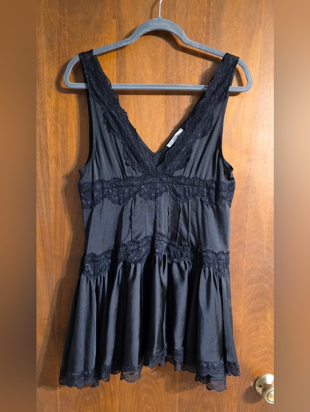 Free People In This Groove Lace Trim V-Neck Sleeveless Tiered Mini Slip Dress